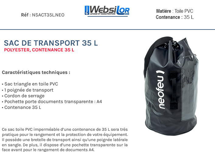 Informations techniques Sac de transport PVC - 35 L
